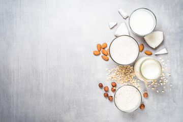 Vegan non dairy alternative milk top view. 