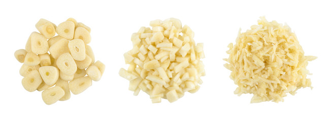 finely chopped garlic, grated garlic, set of three kinds isolated on white background, top view