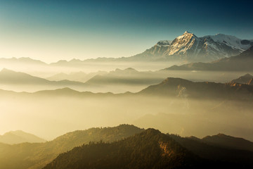 Beautiful view at Poon Hill with Dhaulagiri Peaks in background at sunset. Himalaya Mountains, Nepal.