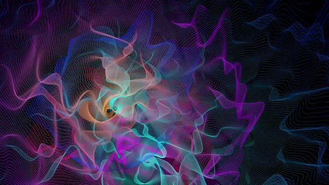 Animation of colorful partical line abstraction on black background. 3D illustration emotion of motion in space, fractal, twisted waves.
