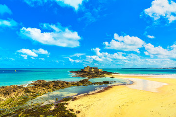Saint Malo Fort National and rocks, low tide. Brittany, France.