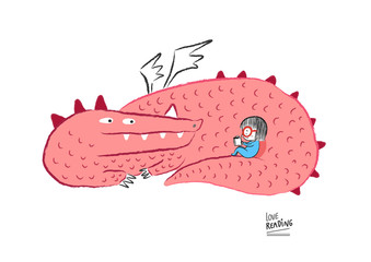 Girl reading with a Dragon, vector illustration