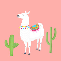 Lamma with a cape on the back. Cacti. Cactus. Funny alpaca cartoon character