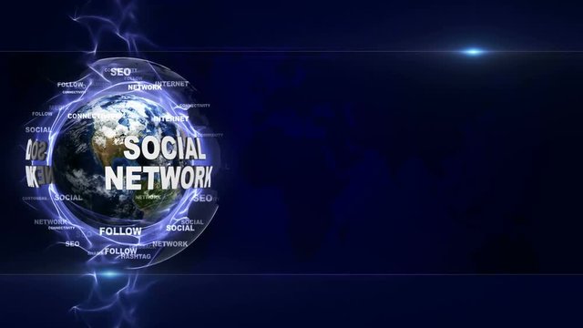 SOCIAL NETWORK Text Around the World and Keywords Animation, Background, Rendering, Loop, 4k
