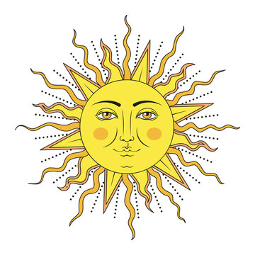 Colored sun with human face symbol. Vector illustration.