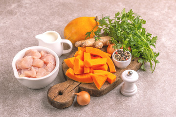 Fresh ingredients for tasty pureed pumpkin soup. Healthy food