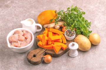 Fresh ingredients for tasty pureed pumpkin soup. Healthy food