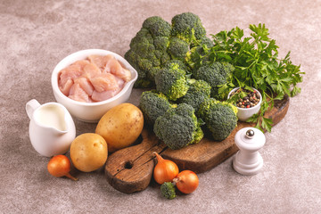 Fresh ingredients for tasty pureed broccoli soup. Healty food