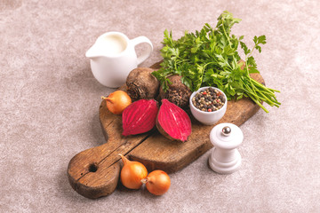 Fresh ingredients for tasty pureed beetroot soup. Healthy food