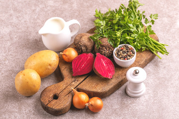 Fresh ingredients for tasty pureed beetroot soup. Healthy food
