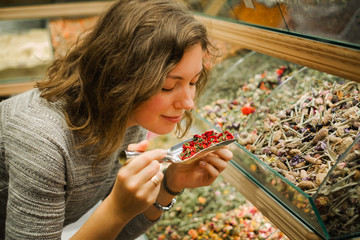 Woman smell aromatic herbal tea
