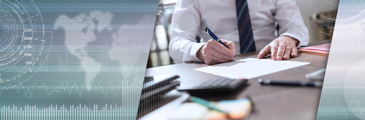 Businessman signing a document. panoramic banner