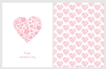 Happy Valentine's Day Vector Card. Adorable Pink Heart Made of Flowers, Dots and Twigs. White Background. Cute Infantile Style Design. White Hearts Vector Pattern.  Pink Background. Funny Rustic Art.
