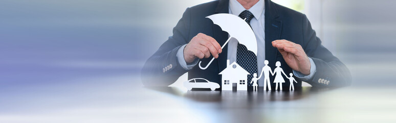Concept of family, home and car protection. panoramic banner