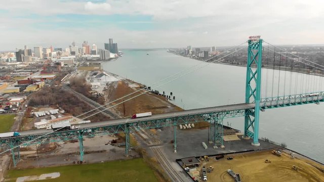 Nice Aerial Pullback Ambassador Bridge Detroit RIver