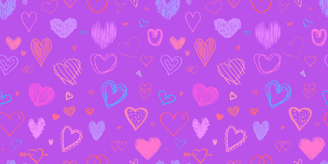 Hand drawn abstract background with hearts. Seamless grungy wallpaper on surface. Chaotic texture with love signs. Lovely pattern. Line art. Print for banner, flyer or poster. Colorful illustration