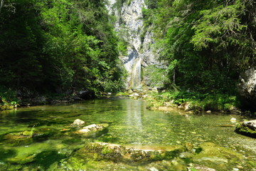 salza waterfall and lake in the austrian forest surrounded by mo