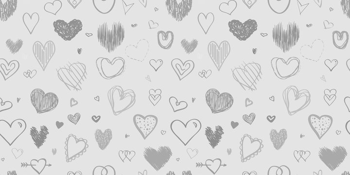 Hand drawn background with hearts. Seamless grungy wallpaper on surface. Chaotic texture with many love signs. Lovely pattern. Line art. Black and white illustration for design