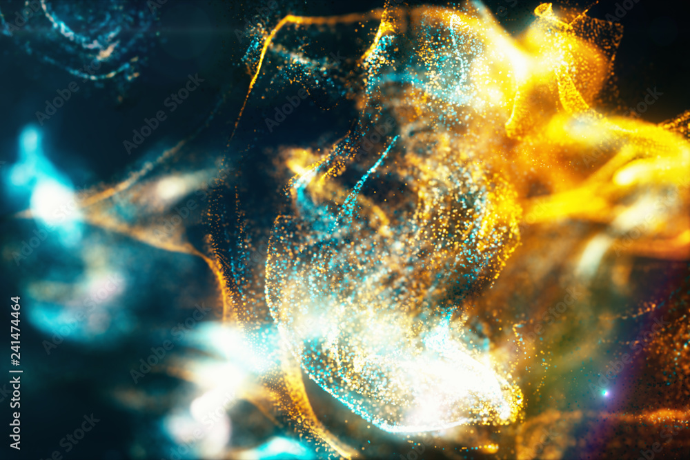 Poster abstract background of particles and fluids of orange and blue interacting with each other 3d illust