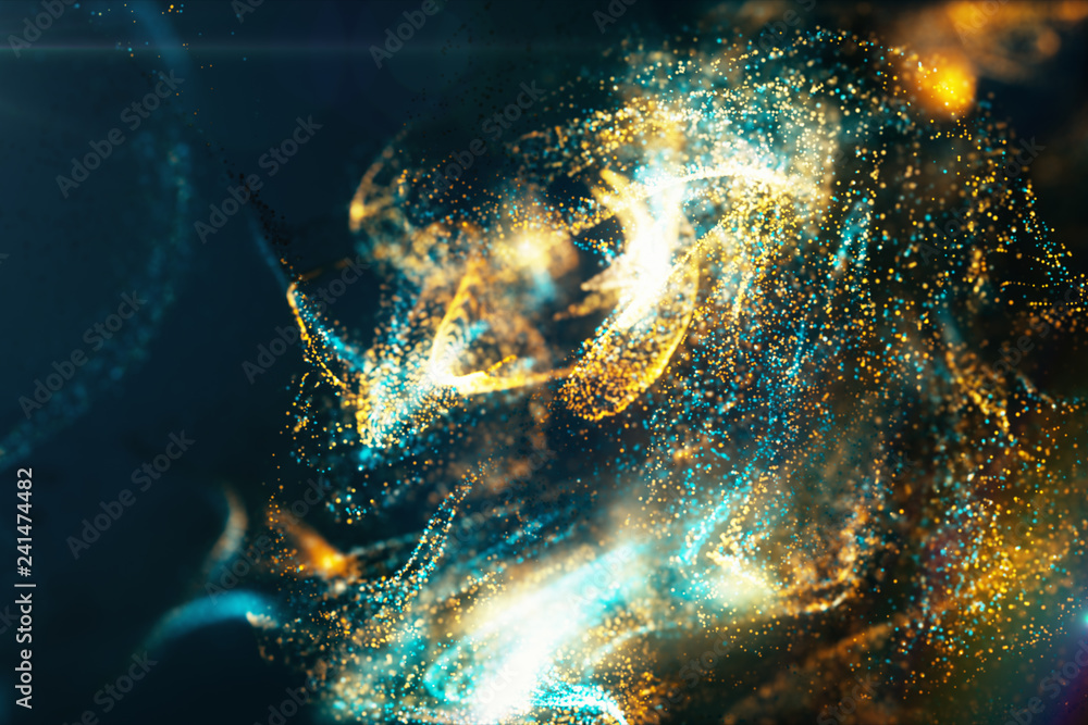 Poster abstract background of particles and fluids of orange and blue interacting with each other 3d illust