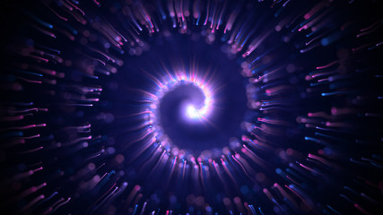 Blue glittering star dust twisted spiral of trail sparkling particles on black background. Space comet tail. Magic blue purple flying particles 3d illustration