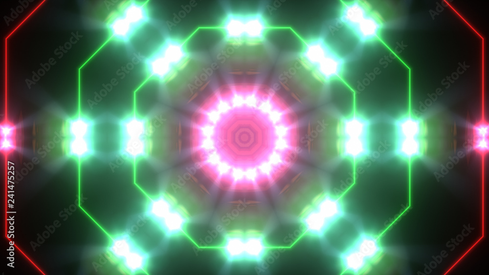 Poster abstract disco kaleidoscopes background with glowing neon colorful lines and geometric shapes for mu