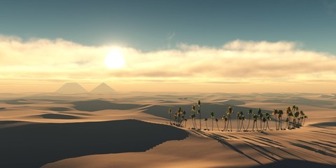 Sandy desert with pyramids at sunset, the sun over the sand,
