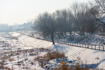 walk in the park in winter near the river with frozen trees