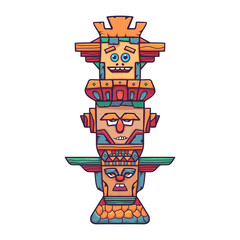 Colorful wooden totem pole. A wooden column on a stone pedestal, with various emotional expressions. Vector linear flat illustration isolated on white.