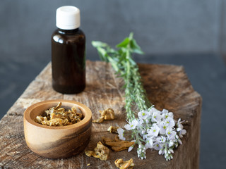 A bottle of propolis, flowers and wooden bowl and spoon of propolis granules on piece of wood.