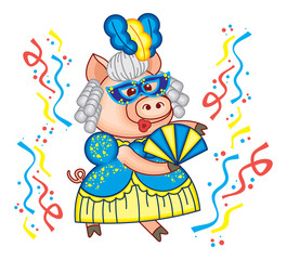 Cute piglet is dancing in carnival mask and beautiful blue gown. Funny holiday illustration.