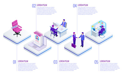 Isometric Online job search and human resource concept. Infographics of Business data visualization. Process chart. Job interview, recruitment agency vector illustration