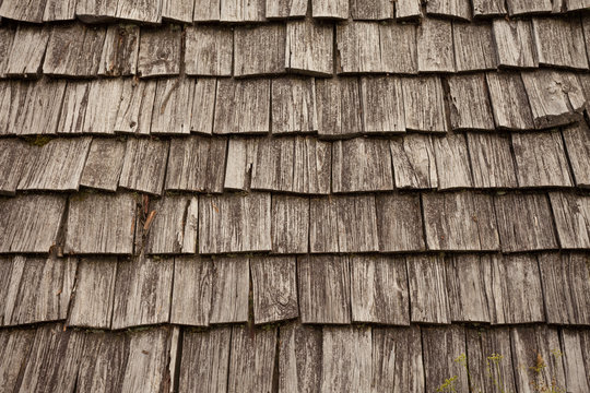 Natural pine wood panels from a wooden roof of a mountain stable