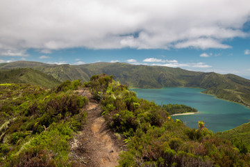 View of Lagoa do Fogo in Sao Miguel, Azores, Portugal, on a clear, sunny day.