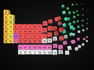 dissolving periodic table on black background. cubes colored by element groups. 3d illustration