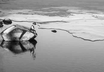 Little fisherman figurine, winter, lakeside, ice, winter.