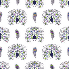 Seamless hand drawn peacock pattern. Vector background with beautiful birds.