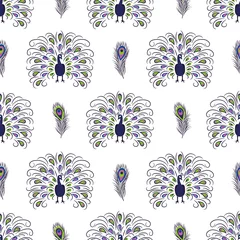 Aluminium Prints Peacock Seamless hand drawn peacock pattern. Vector background with beautiful birds.