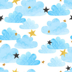 Nahtloser Vektor blaue Aquarellwolken und Sternenmuster.