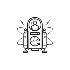 Time machine with clock go back hand drawn outline doodle icon. Time travel, future technology concept. Vector sketch illustration for print, web, mobile and infographics on white background.