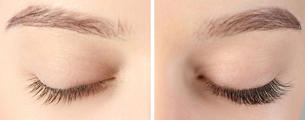 Young woman with beautiful eyelashes on gray background, closeup. Before and after extension procedure