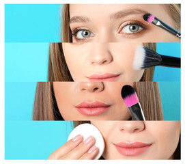 Set with beautiful woman applying decorative cosmetics against color background. Professional...