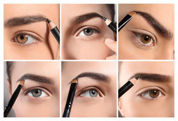 Set with different beautiful women correcting eyebrow shape, closeup. Professional makeup artist