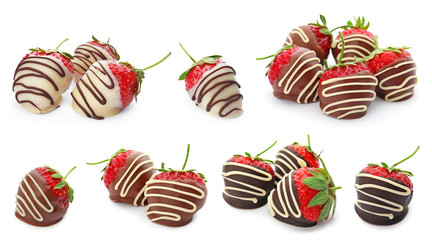 Set with chocolate covered strawberries on white background - Powered by Adobe