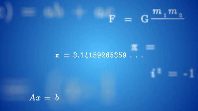 Animated PI π FORMULA Background. Stylized math cloud of numbers and equations floating in 3D space.