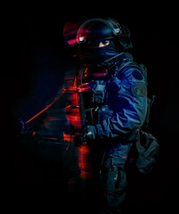 one soldier police swat tactical forces man studio shot  isolated on black background