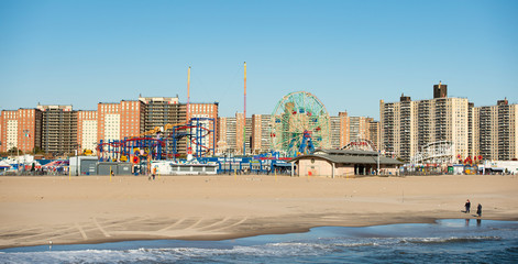 View of the famous Coney Island amusement park. Coney Island is a peninsular residential neighborhood, beach, and leisure/ entertainment destination of Long Island.