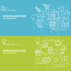 Flat colorful design concept for Digitilization. Infographic idea of making creative products. Template for website banner, flyer and poster..
