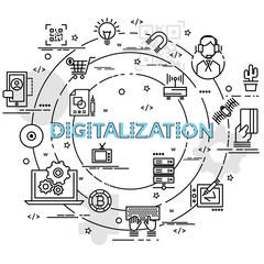 Flat colorful design concept for Digitilization. Infographic idea of making creative products. Template for website banner, flyer and poster..