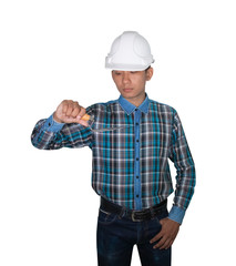 hand of engineer holding Triangle trowel and wear white safety helmet plastic on white background. construction concept